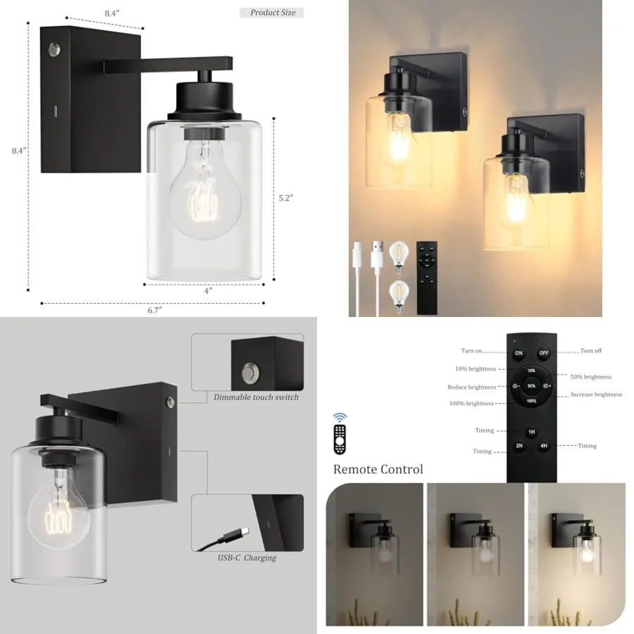 

Battery Operated Wall Sconce Set of 2, Black Rechargeable Wall Lights with Timer Function, Easy Install Dimmable Wireless Wall