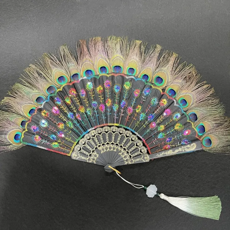 Peacock Feather Folding Fan Fashion Embroidery Sequin Dance Hand Fans Personality Pendant Gift Wedding Party Decoration Crafts - Image 5