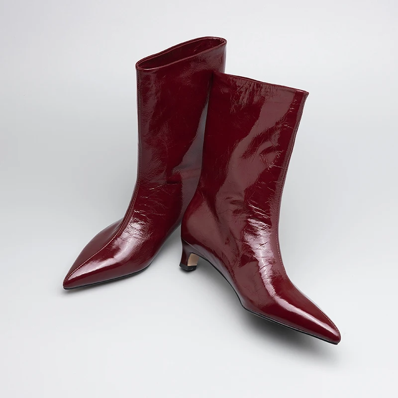 

2025 New Trend Autumn Winter Genuine Leather Women Mid-Calf Boots Sexy Black Wine Red Fashion Pointed Toe Slip-On Elegant Boots