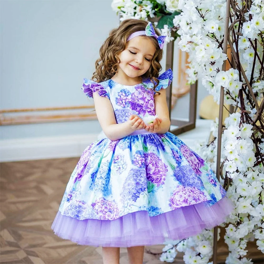 

Girls' Formal Dress with Headwear Bow Baby Girls' Printed Flower Dress Birthday Christmas Dresses Purple Hydrangea Mesh Tutu