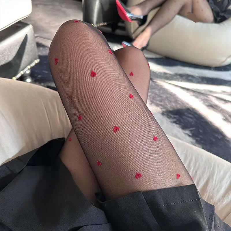 Mesh Japanese Style Hot with Heart Pattern Black Stockings Pantyhosel Sexy Female Gothic Skin Effect Lolita Nightclub Tights