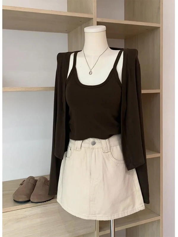 

Ce Коричневый вязаный открытый кардиган, женская верхняя одежда с ремешками, платье с защитой от солнца, весна-осень, ледяной шелк, комплект из двух предметов...