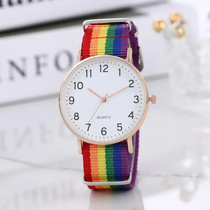 Fashion Gay Hot New Watch Rainbow Color Ultra-thin Canvas Strap 12 Digital Pointer Classic Simple Casual Student Men's Watches