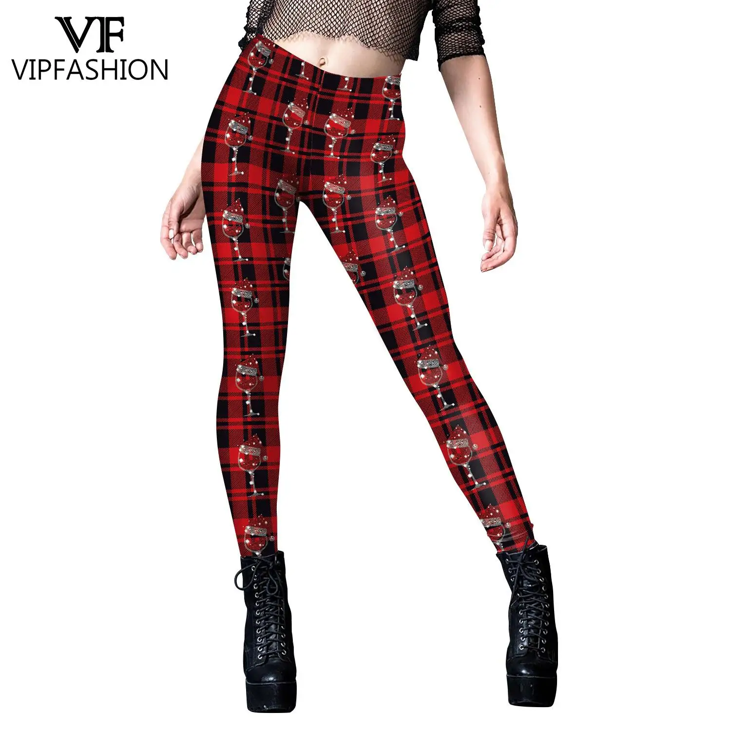 

VIP FASHION Christmas Leggings for Woman Xmas Pattern Sexy Tights Mid Waist Elastic Trousers Holiday Party Pants Gifts Bottom