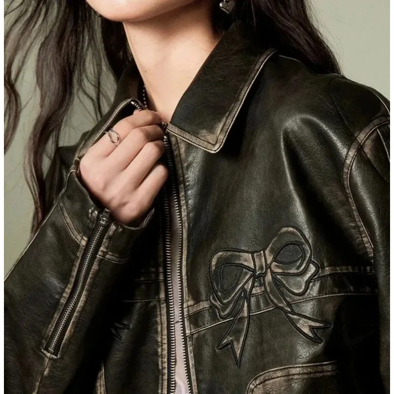 레저 빈티지 여성 인조 가죽 재킷 가을 겨울 라펠 칼라 리본 디테일 지퍼 오버코트 패셔너블 여성 아우터웨어