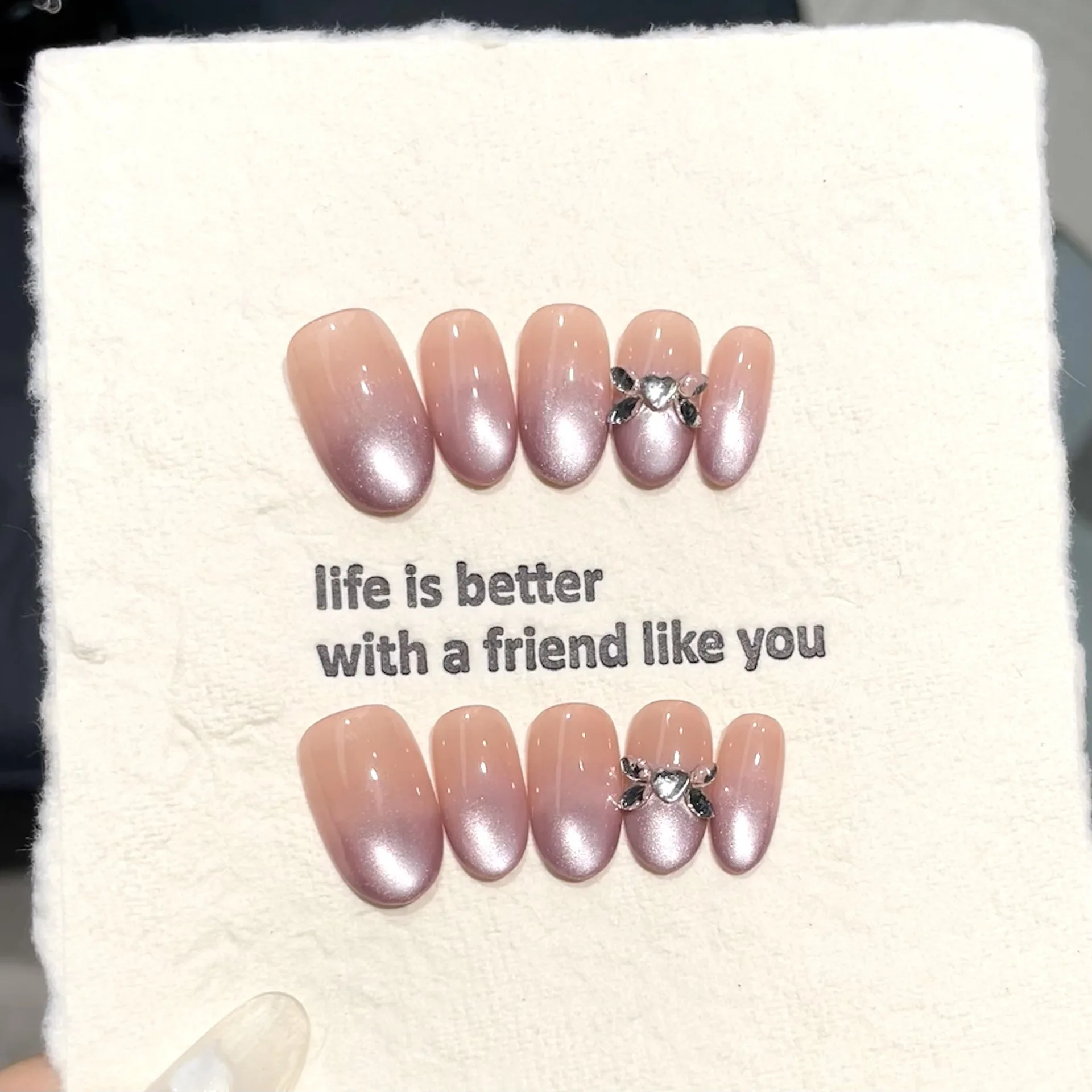 

10pcs Handmade French Short Oval Press on Nail Shiny Purple Cat Eye Gradient Design Sweet False Nails Wearable Nail Art Tip Girl