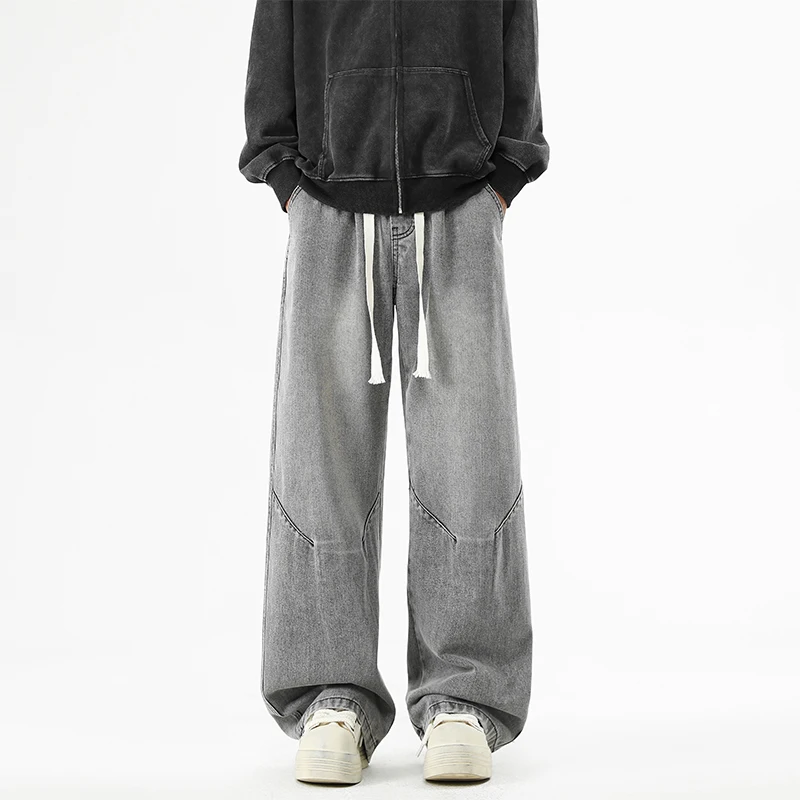 2025 힙합 배기 데님 시즌 신축성 있는 허리밴드 신상 한국 남성용 청바지 미국식 루즈핏 와이드 레그 스트레이트 캐주얼 바지 스트리트