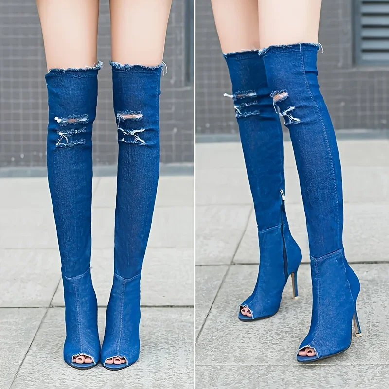 Women\'s Denim Thigh High Boots Stylish & Sexy Open Toe Stiletto Heels Ripped Boots