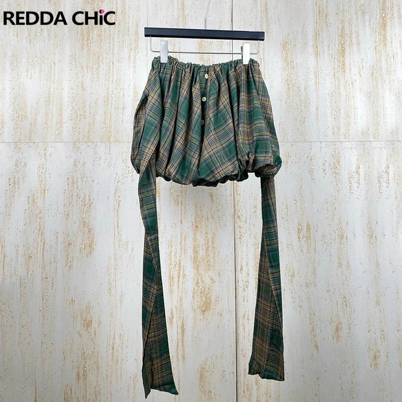 

REDDACHiC Women Knotted Plaid Bubble Skirt with Shorts Under Summer Elastic Waist Ruffle Puffy Hem Mini Skirt Vintage Clothes
