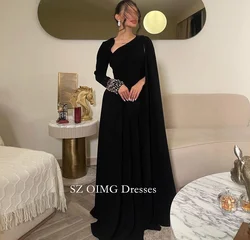 OIMG Irregular Neck Women Ruched Crystals Prom Dresses Black Customized with Cape Sleeves Evening Gowns 2023 Formal Party Dress