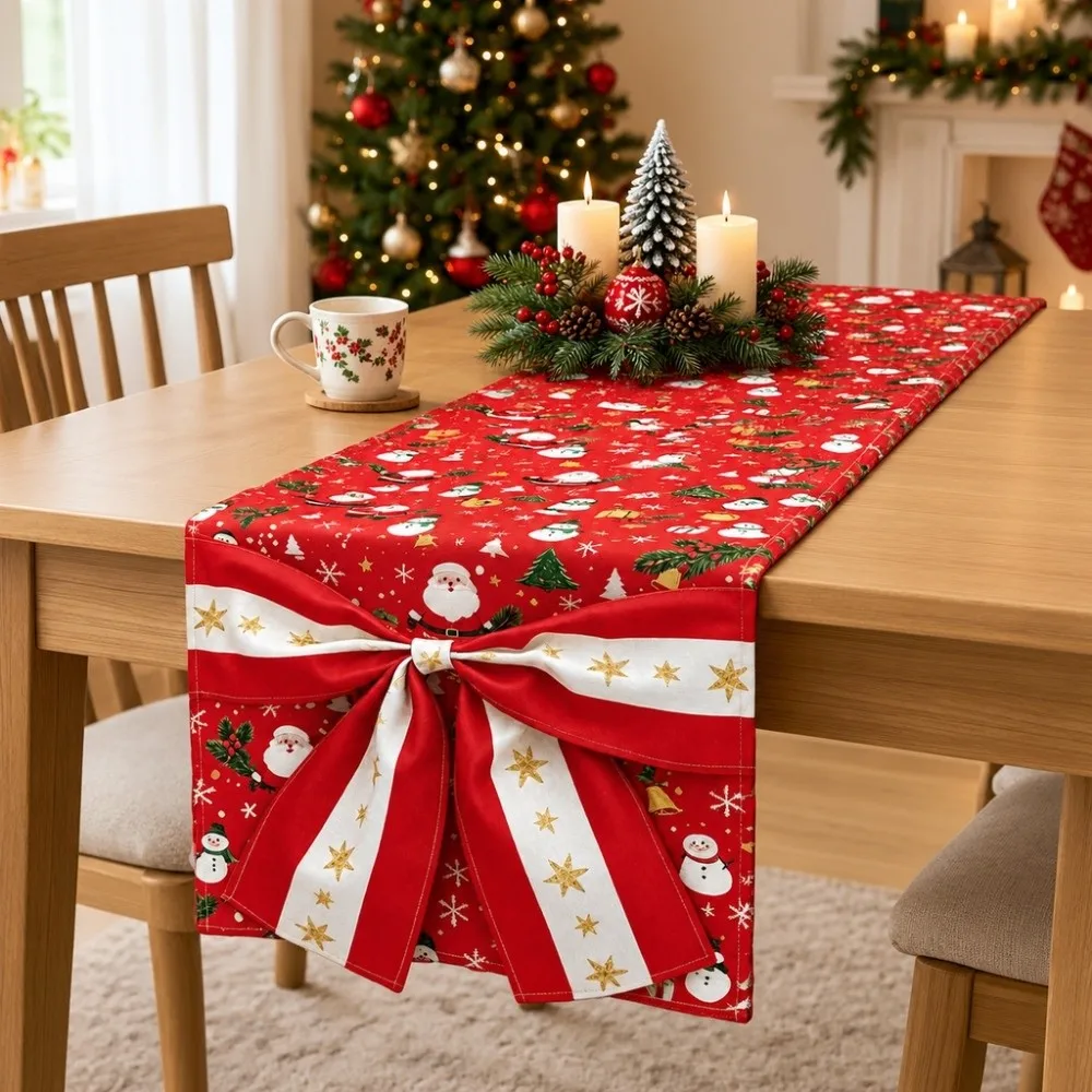 Bows Accents Christmas Table Runner Golden Accents Elk Flower Painted Holiday Table Runner Polyester Poinsettia Holly Berries