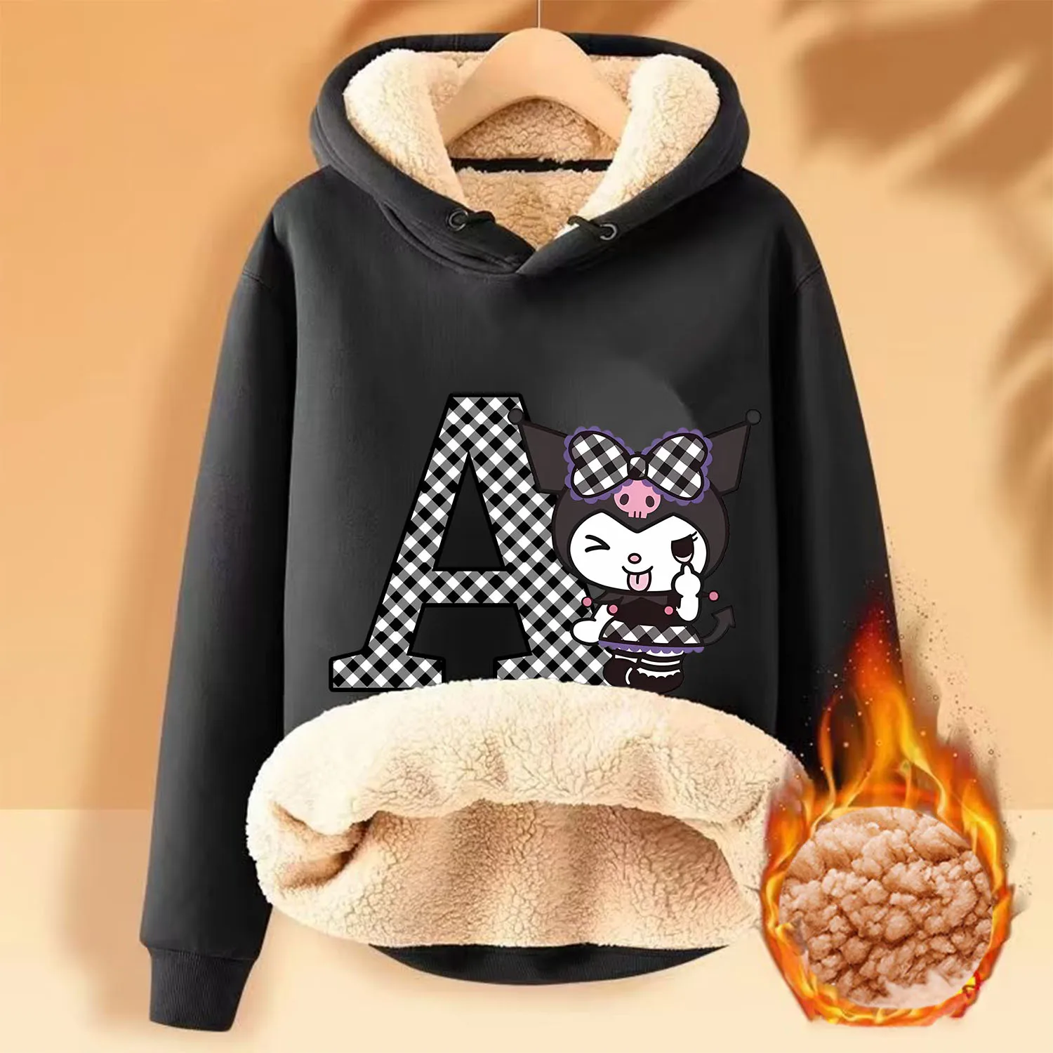 Kuromi Fleecing Hoodie for Adult 26 Letters Cartoon Sweatshirt New Warm Winter Fleece Clothing Fashion Black Thick Clothes Gift