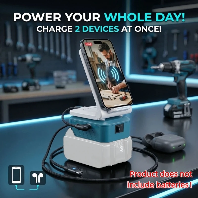 Wireless Charging Battery Adapter Stand with Foldable Phone Support, USB-A USB C Output Port for 48-11-1835 48-11-1890 H8WD