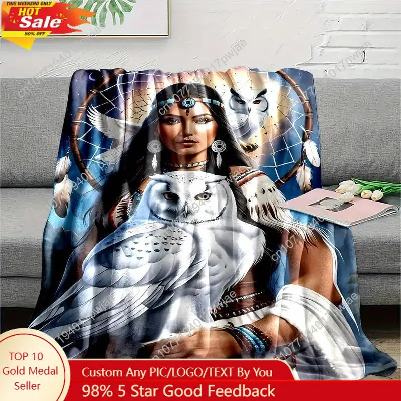 

Native American & White Owl Print Flannel Throw Blanket Soft Reversible All-Season Comfort for Couch Bed Office Custom blankets