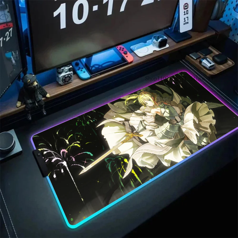 Anime Girl Saber Fate Stay Night Mousepad XXL RGB Gaming Mouse Pads HD Black Gamer Accessories Large LED