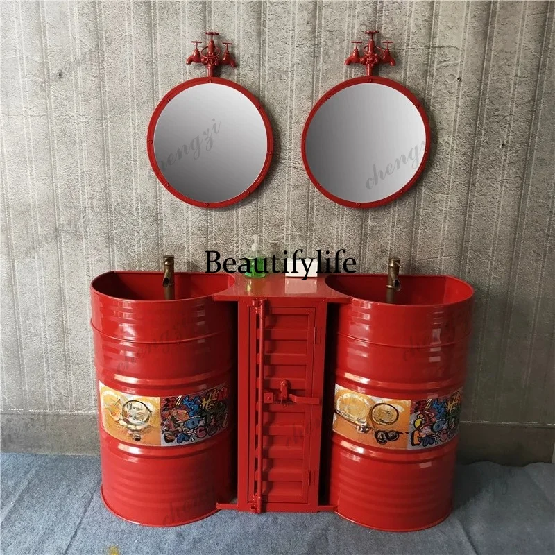Retro industrial wind semi-round oil drum wash table bar creative personality floor type integrated combination