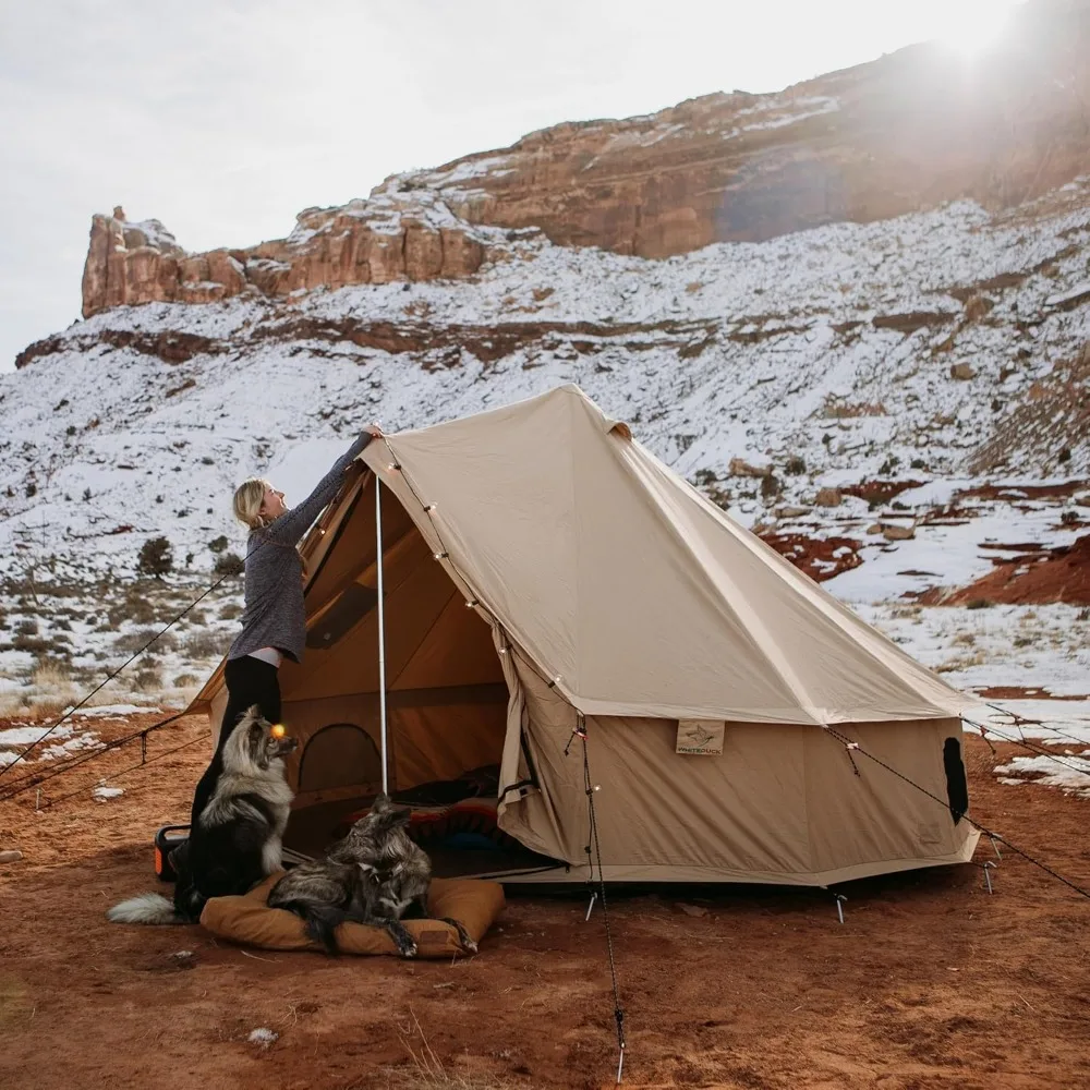 خيمة جرس قماشية فاخرة مقاومة للماء للفصول الأربعة للتخييم والتخييم مع موقد، مناسبة لجميع الأحوال الجوية والمغامرات الخارجية