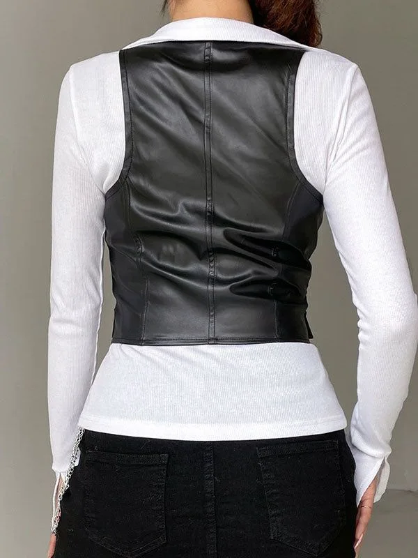 Rompi Wanita Kulit Imitasi Mantel Solid Tanpa Lengan Kerah V Kancing Tunggal Slim Kasual Streetwear Musim Gugur Musim Dingin 2025