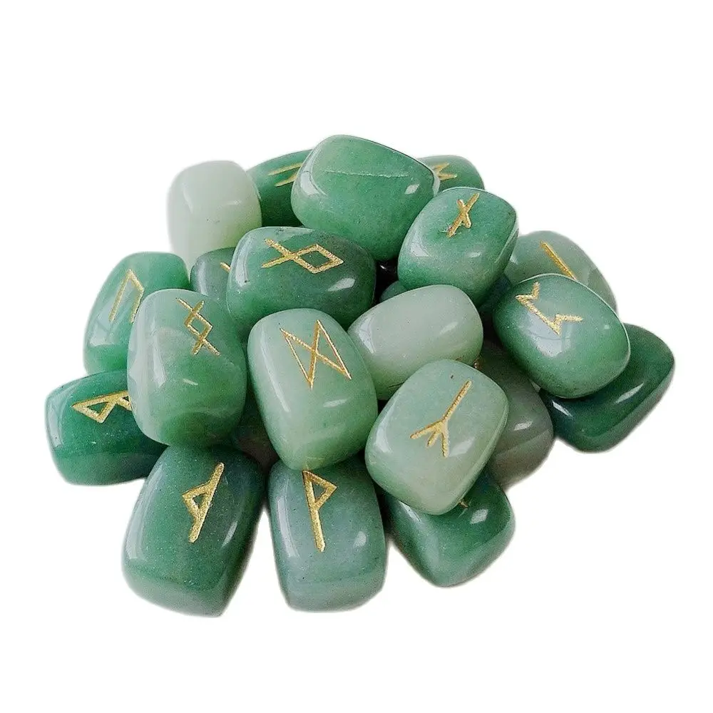 25pcs Natural Green Aventurine Crystal Stone Viking Runes Amulet Set Reiki Healing Tumbled Stones Crystals Fortune Divination