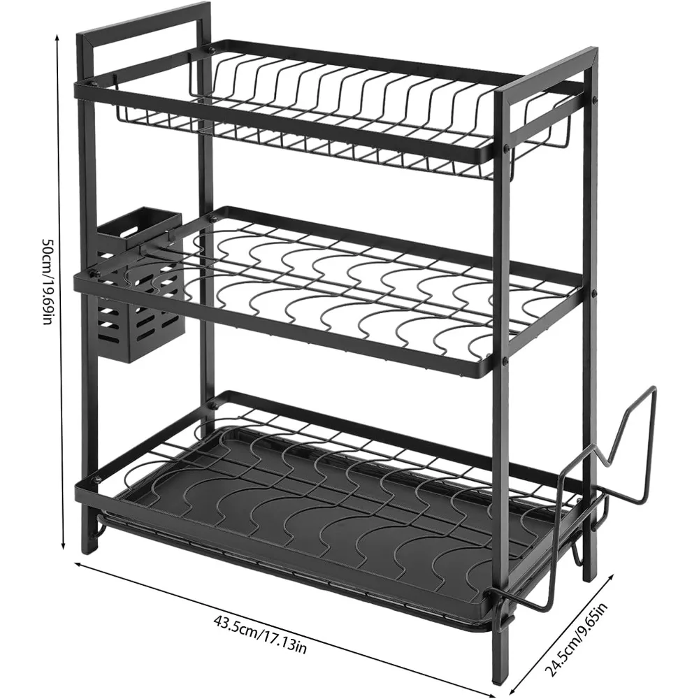 Schwarzer 3-stöckiger Abtropfgestell aus Edelstahl mit Utensilienhalter und Abtropfschale, robust, 11 Pfund pro Schicht, Aufbewahrungsorganisator – Detail 1