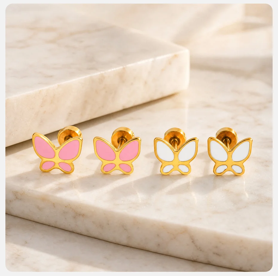 Vnox Süße Rosa Emaille-Schmetterling Ohrstecker mit Schraubverschluss für Frauen, Goldfarben, Edelstahl, Niedliche Tier-Ohrringe, Antiallergisch – Detail 5