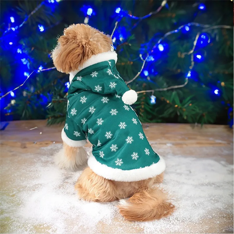 Pet Christmas Clothes Winter Plush And Thick Classic Christmas Snowflakes Dog  Plush Jumpsuit Hooded