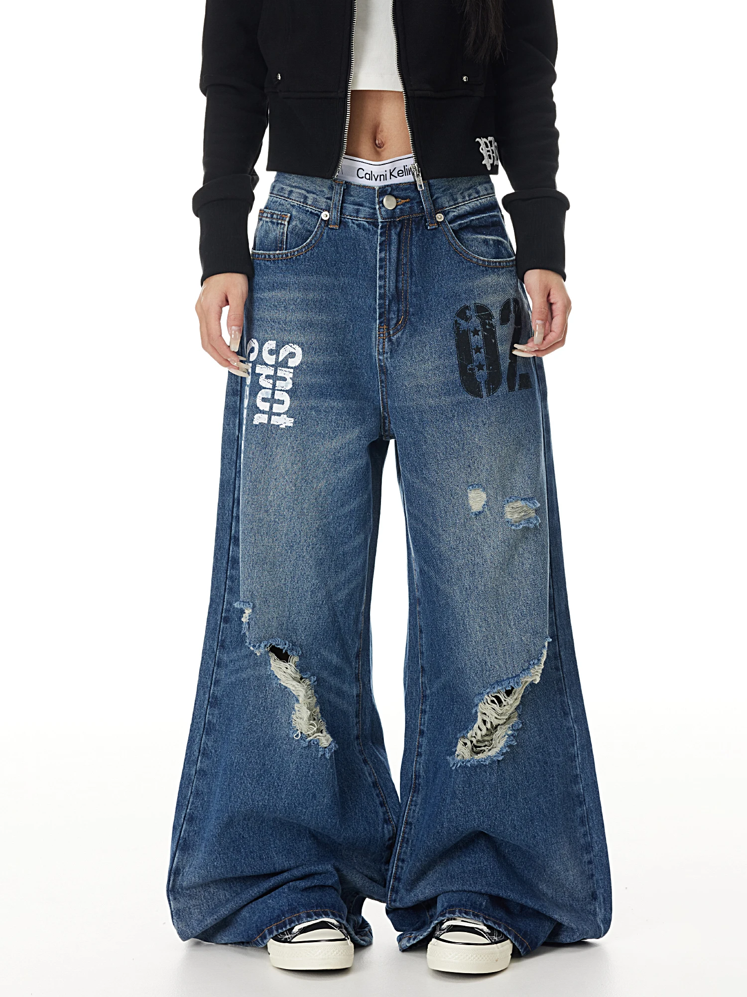 

Джинсы унисекс Waed в американском ретро-стиле с буквенным принтом, широкие, прямые, с эффектом потертости, средней посадки, повседневные брюки для пар