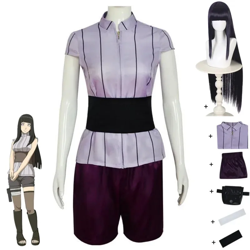 Costume de Cosplay Anime Hyuga Hinata, hauts à manches courtes à rayures, T-shirt et Short, perruque pour femme adulte, Costume de carnaval d'halloween Sexy 5ftu ^ 5f