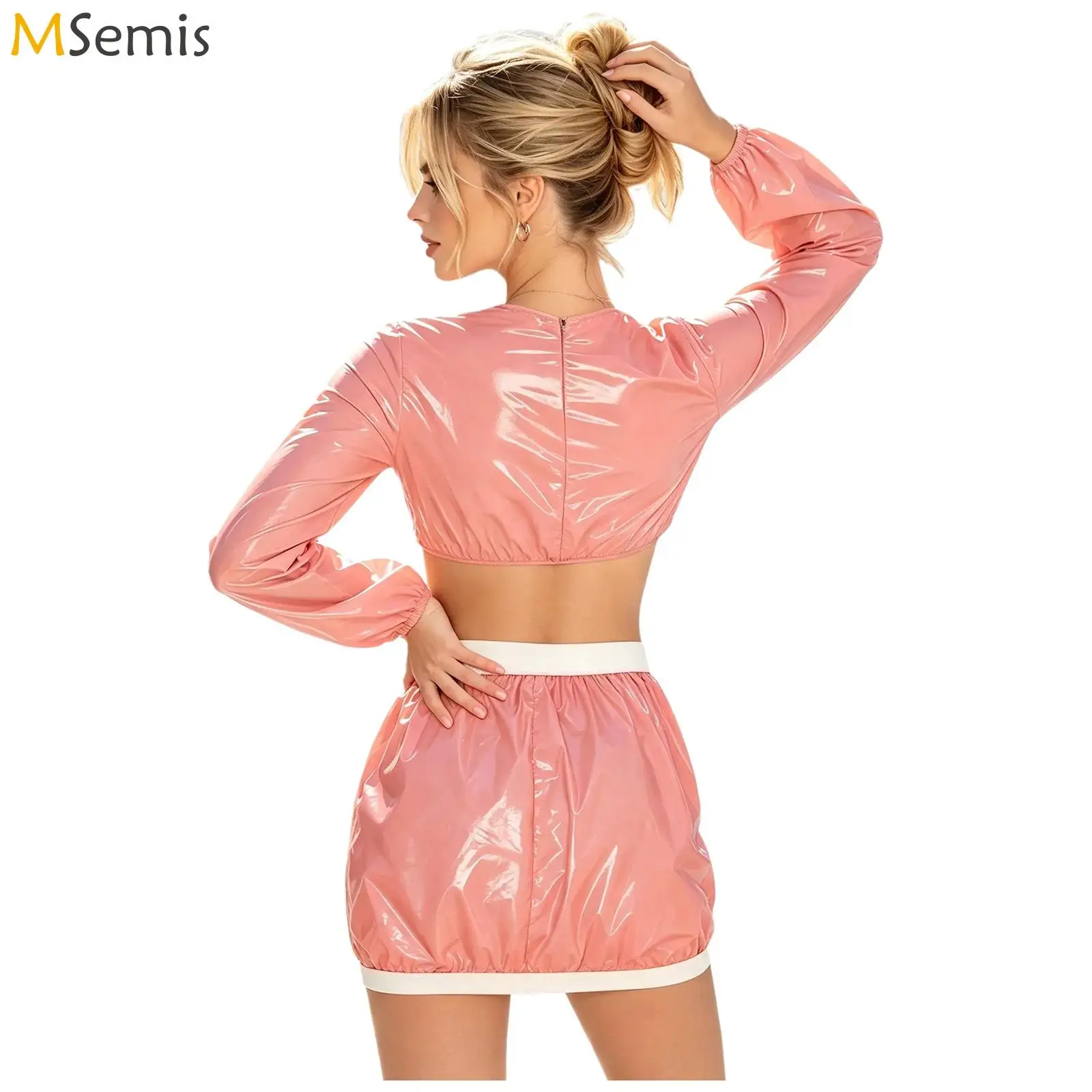 Women Waterproof Dress Set Two Pieces Swimwear Long Sleeve Back Zipper Crop Sweat Top And Cover-up Miniskirt Rave Party Clubwear