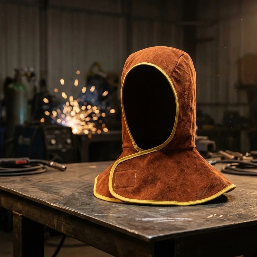 Cowhide Leather Welding Hood for Welder Cap Featuring Flame Resistant Full Coverage with Neck and Shoulder Drape