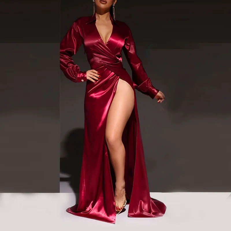 

Sexy Long Split Par Dr Women's Faionable Ele Gown Deep V Ne Long Sve Floor Length Polyester Evening Dr
