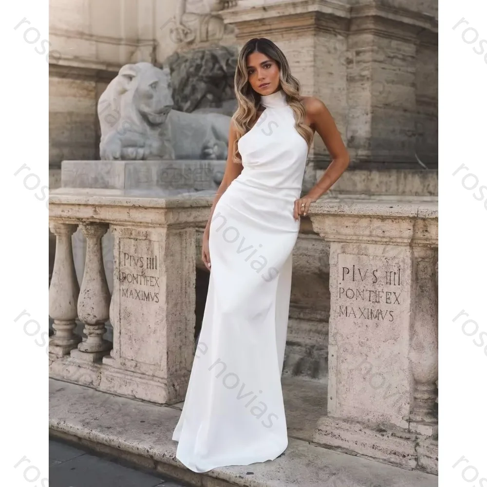 

Customized Crepe White Wedding Dresses Halter Simple Classic Floor Length High Quality A-Line Classic for Beautiful Woman