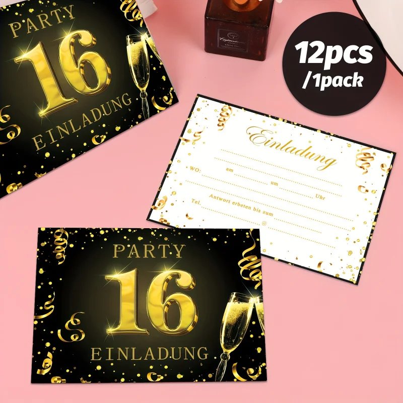 12 قطعة. دعوات عيد ميلاد ذهبية سوداء لـ 16th/18th/20th/30th/40th/50th/60th/70th/80th/90th. أعياد الميلاد - النجم الأنيق #2