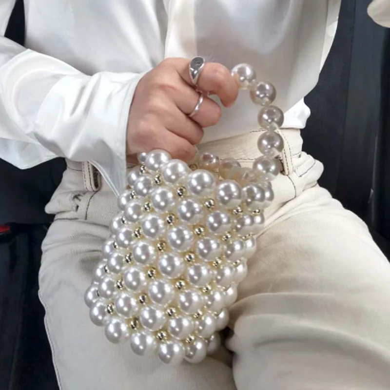 Acrylic pearls bag beaded Vintage bucket totes women plastic evening party Small mini handbag luxury brand wholesale white gold