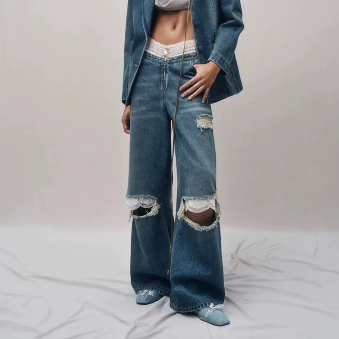 Firmranch Spring Autumn New Sexy Rock Lace Splicing Waist Ripped Wide Leg Jeans For Women Sweet-spicy Style Denim Pants Street