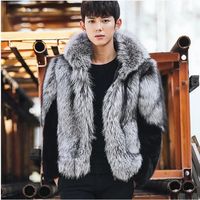 Winter Thick Warm Faux Fur Coat Men Hooded Long Sleeve Zipper Luxury Brand Jacket Korean Fashion Slim Jackets Mens Fur Jacket