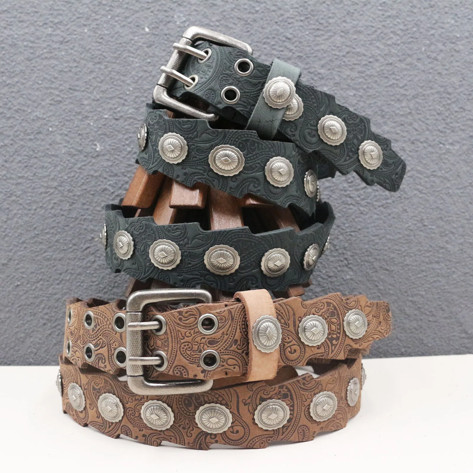 Gothic Ornament Concho Stud Belt Tooled Paisley Full Grain Cow Leather Western Men’s Belt