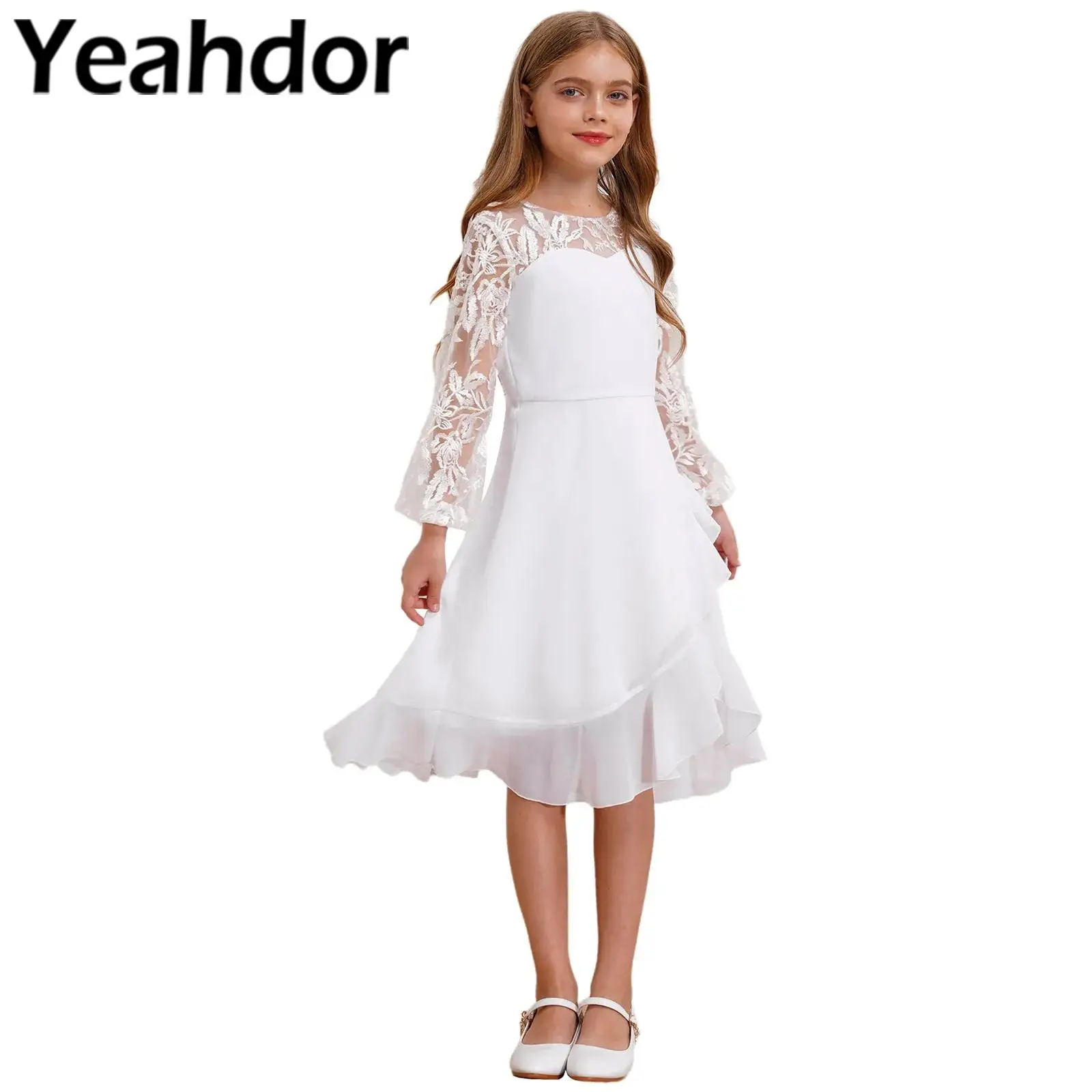 2025 Girls Princess Costumes Flower Girl Dresses for Pageant Formal Birthday Wedding Party Dress Long Sleeve Chiffon Vestidos