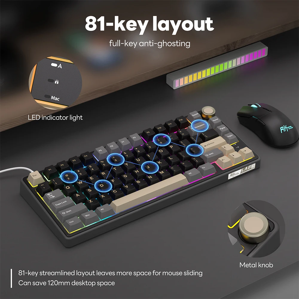 Royal Kludge RK R75 คีย์บอร์ดแบบมีสาย 80 คีย์ 80% ปะเก็น RGB Backlit Hot-swappable คีย์บอร์ด MDA PBT Keycaps