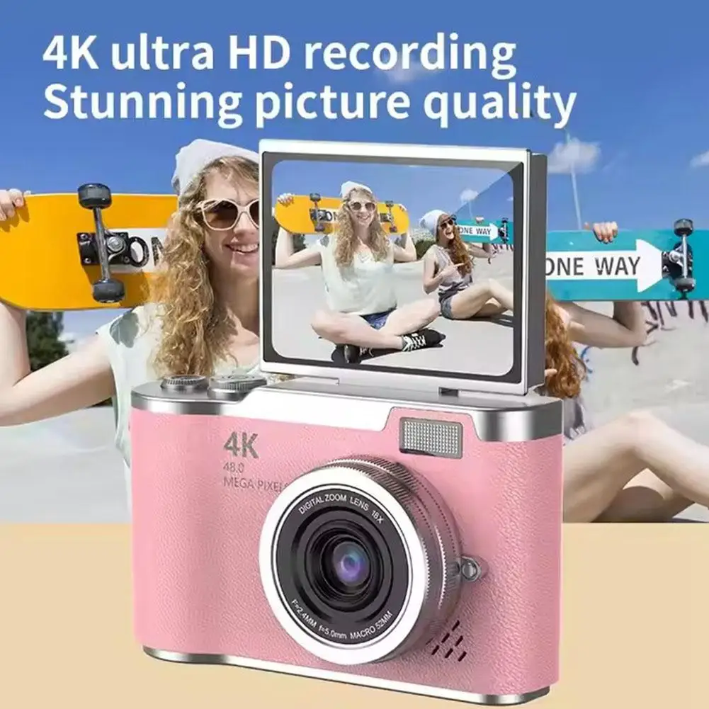 

Цифровая камера 4K, 48 МП, CCD 180 ° Портативный портативный селфи с 8-кратным зумом и карточкой 32G, прозрачные снимки для ежедневного использования в путешествиях, легкий ﻿