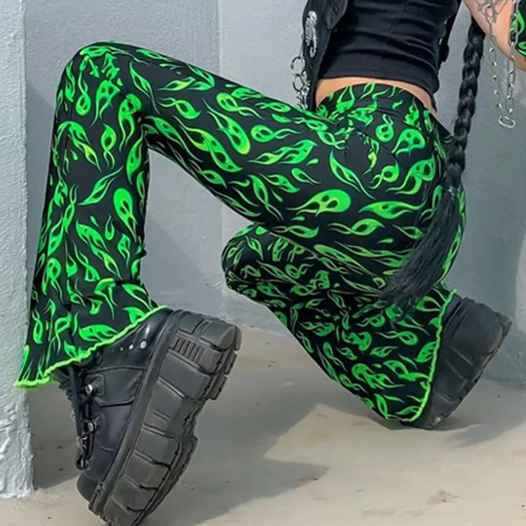 

2023 New Green Fire Print Flare Pants High Waist Bell Bottom Sexy Women Streetwear Harajuku Y2K Punk Trousers Winter Autumn