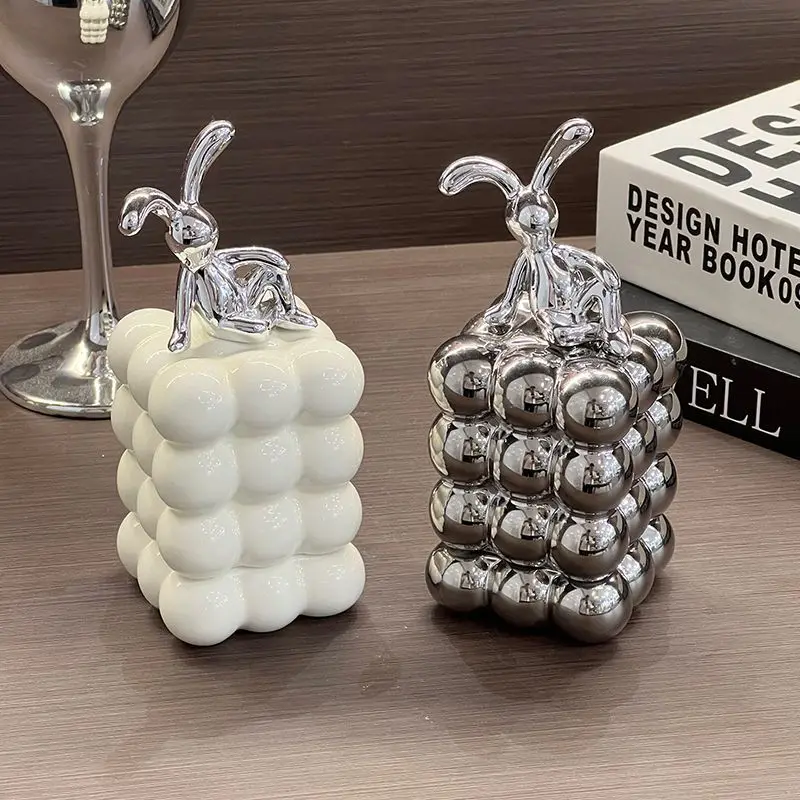 Cartoon Electroplating Rabbit Ceramic Toothpick Box Dresser Cotton Swab Storage Jar Sundries Box Modern Spherical Toothpick Box