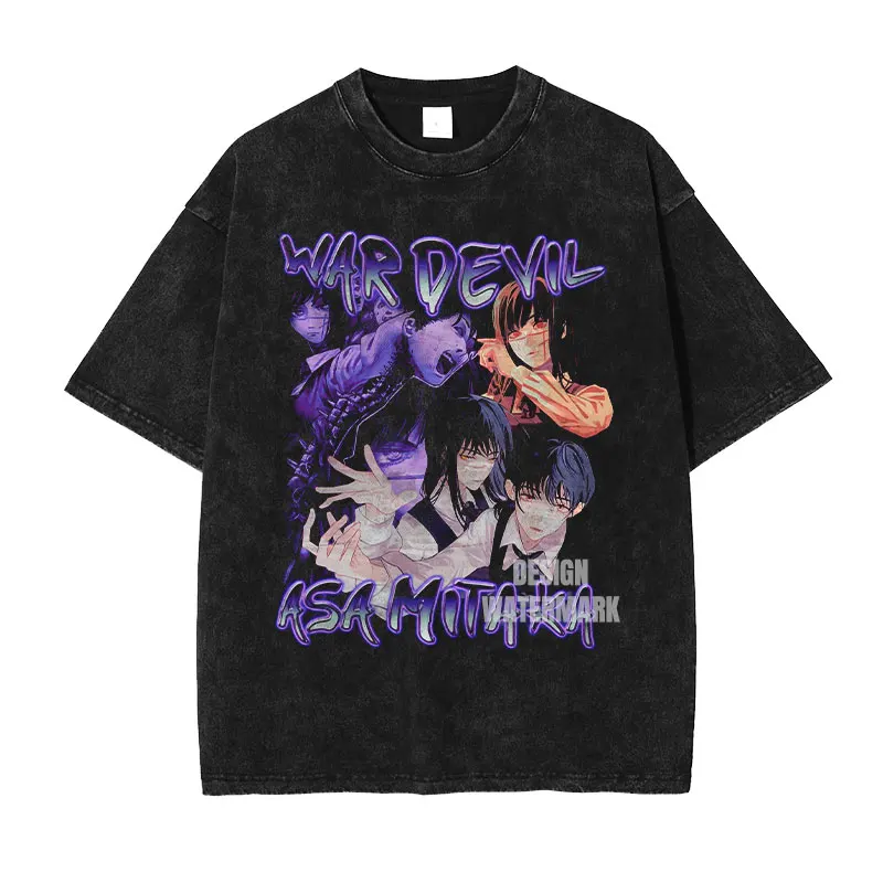 ميتاكا آسا تي شيرت خمر غسلها أنيمي C-منشار M-Man تي شيرت المتضخم ريترو ريز ماكيما السلطة السراويل كم التي شيرت القطن