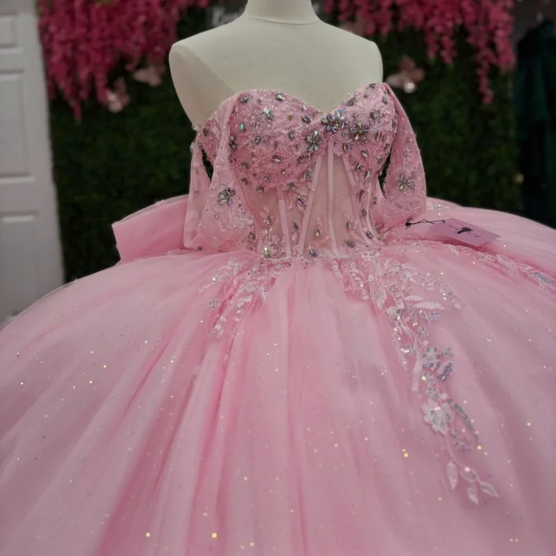 

Shiny Pink Quinceanera Dresses Off the Shoulder Sequin Decal 3D Flower Crystal Long tail Bow Vestido De 15 Quinceanera Customize