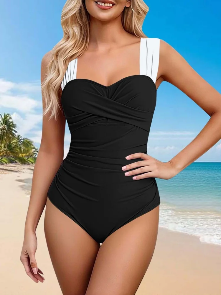 One Piece Swimsuit Women 2026 New Solid Print Sling Folds Sexy Bodysuit Swimwear Summer Monokini Beachwear Bathing Suit Female