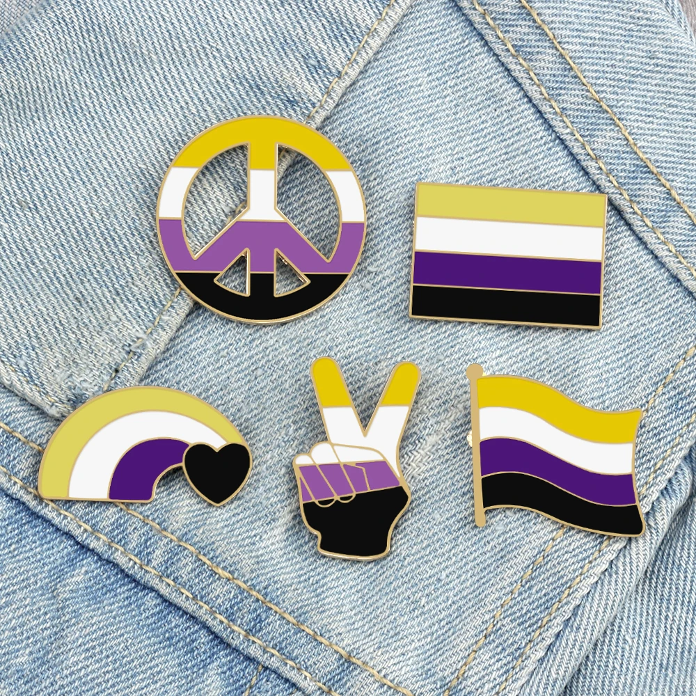 Non-binary Gender Lapel Pins LGBTQ Pride Rainbow Flag Peace Gesture Brooch Bag Denim Enamel Pin Genderqueer Badges Jewelry Gifts