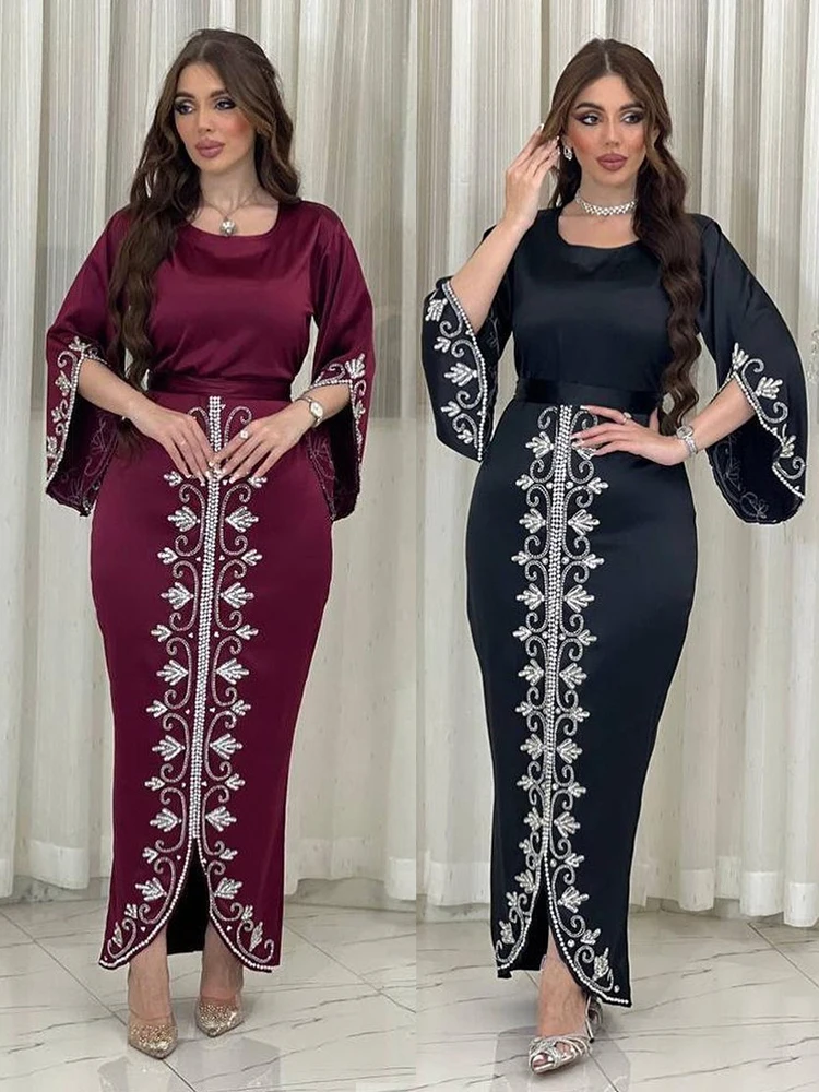 Eid Muslim Jalabiya Dress for Women Satin Abaya Morocco Party Dresses Woman Ramadan Diamond Kaftan Robe Longue Vestidos Largos