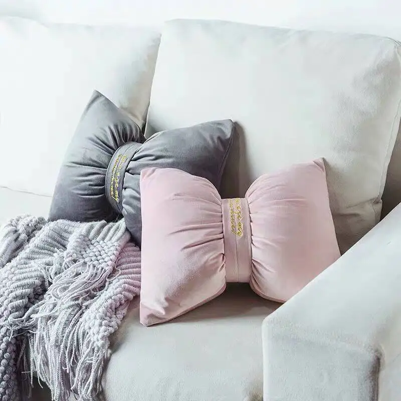 

Nordic Solid Color Velvet Pillow with Simple Embroidery Headboard, Velvet Sofa Backrest, INS Cushion, Bow Tie