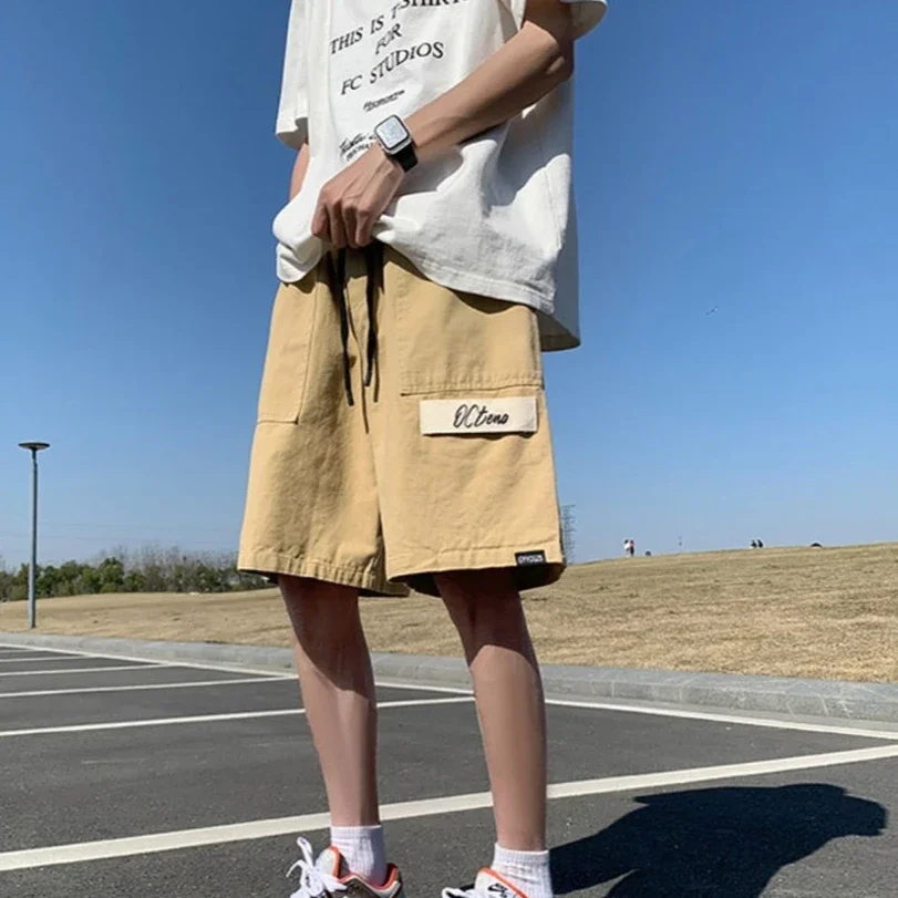 Solto cintura elástica meio sólido largo com bolsos shorts de carga dos homens bermuda calças curtas para homens desenhar corda longo baggy y2k strech