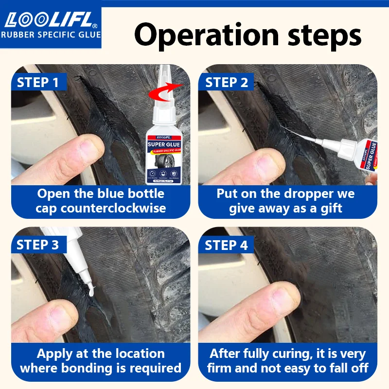 LOOLIFL – liquide adhésif pour réparation de pneus, 20ML, caoutchouc solide, résistant à l'usure, adhésif non corrosif, réparation du cuir instantanée également